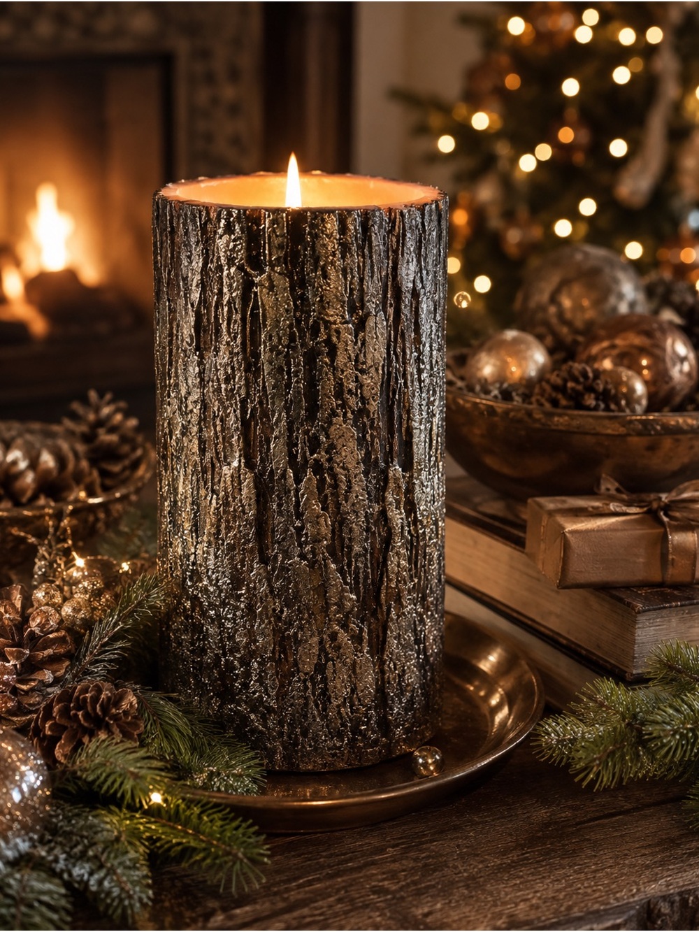 Pottery Barn Metallic Bark-Textured Pillar Candle in Dark Brown and Gold Accents